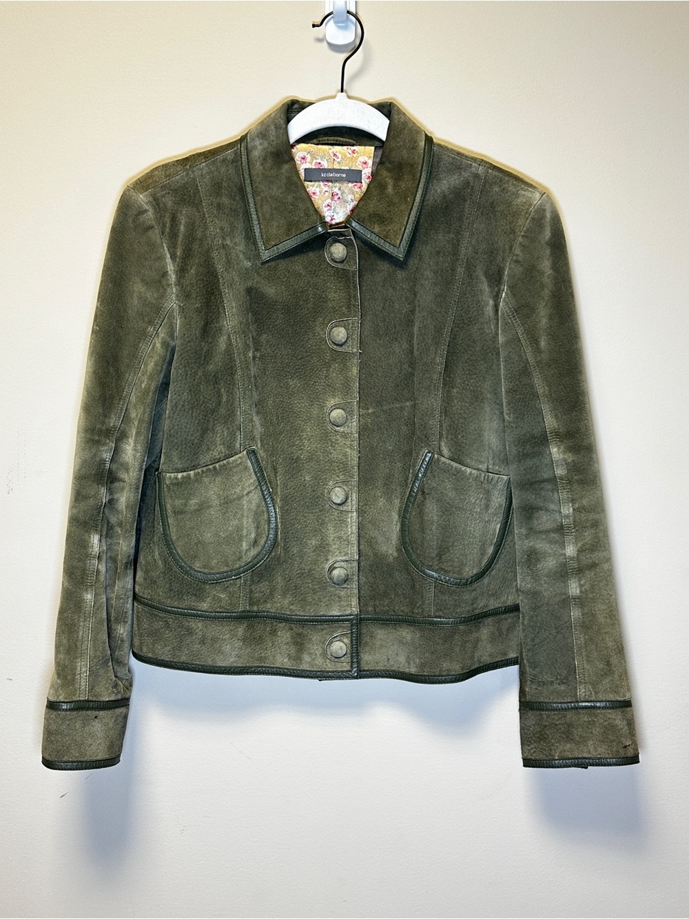 Liz Claiborne Vintage Olive Green Suede Leather Jacket – Floral Lining – 12P